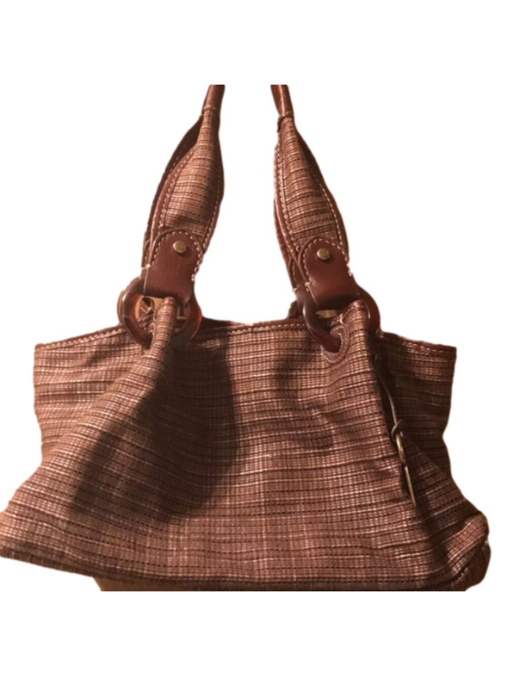 Woven Brown Shoulder Tote with Leather-Trim Handles